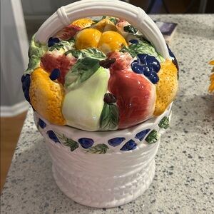 Alco Industries Cookie Jar Embossed & Hand Painted Fruit Basket Themed 10"Tall